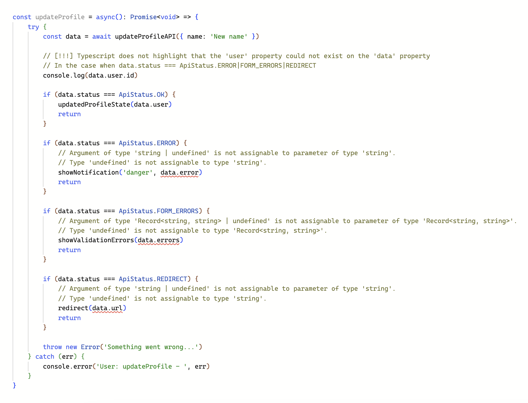 How TypeScript lint the code with a response type that uses the ApiData type